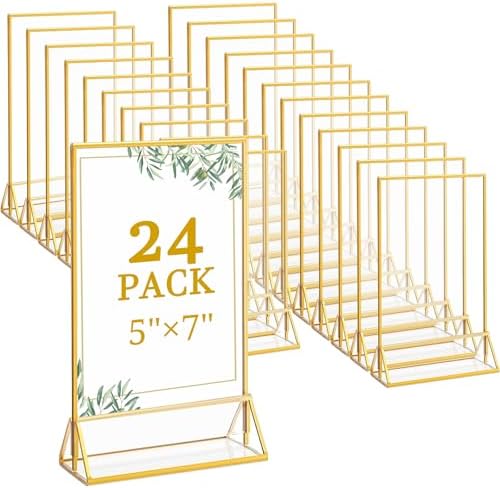 Floroom 24 Pack 5x7 Inch Clear Acrylic Sign Holders, Double-Sided Gold Display Stand Picture Frames for Table Numbers, Menus, Flyers, Weddings, and Offices by Floroom