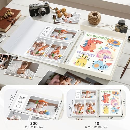4x6 Photo Storage Box with 3-Ring Slip-In Album, Linen Binder Organizer with Gold Foil Cover, Holds 310 Photos with Blank Memo Cards for Memories & Keepsakes, Beige - Image 2