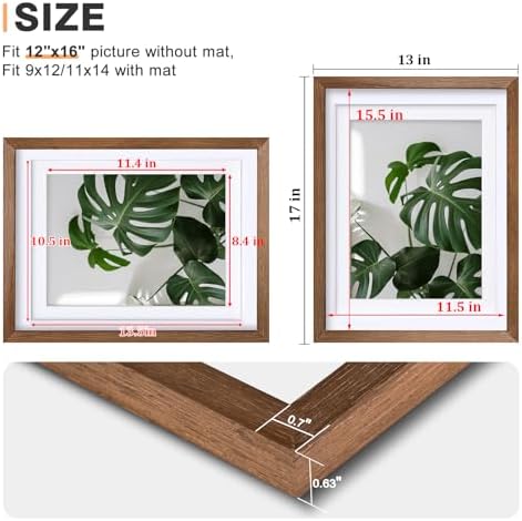 Egofine 12x16 Picture Frames Set of 4, Made of Solid Wood Covered by Plexiglass 9x12 and 11x14 with Mat or 12x16 without Mat, for Wall Mounting Photo Frame,Walnut Brown - Image 3