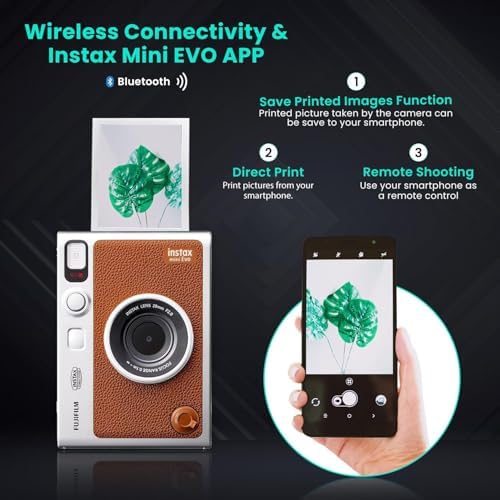 Fujifilm Instant Mini EVO Hybrid Camera Bundle with 20 Instant Film Sheets + 32GB Memory Card + Carrying Case + Flex Tripod + BluebirdSales Cleaning Cloth (Brown) - Image 3