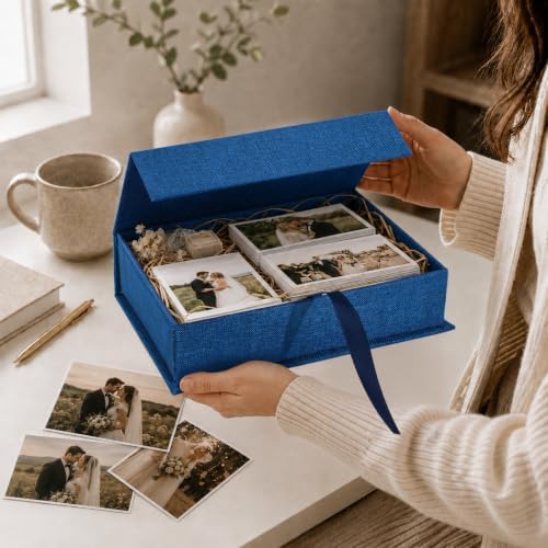 Vienrose Linen Photo Storage Box, 8"x10", Postcard Keeper, Dark Blue - Image 3