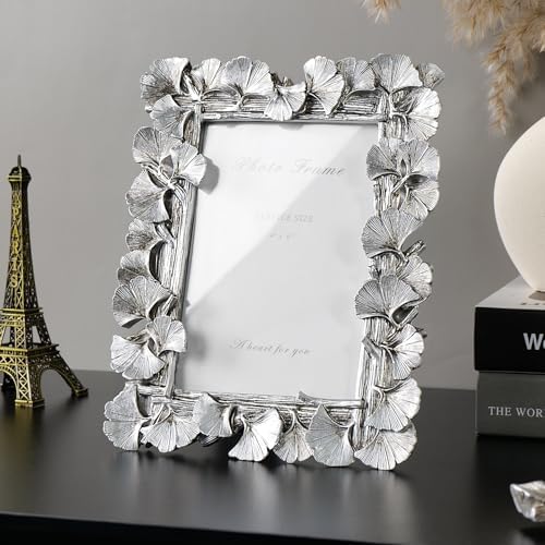Cuspin 4x6 Silver Picture Frame, Vintage Ornate Leaf Textured Resin Frame - Image 2