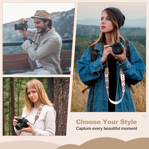 Universal Camera Strap - Camera Neck Strap, Adjustable Shoulder Straps Compatible with Canon, Fujifilm, Nikon, Olympus, Panasonic and other SLR and mirrorless cameras - Brown Beige White Weave - Image 3
