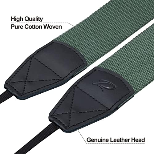 Padwa Lifestyle Dark Green Camera Strap - 2" Wide Cotton Woven Genuine Leather Head Camera Straps,Complimentary 2 Pcs Quick Release Clips for All DSLR/SLR Cameras, Binoculars and Drone Remote Control - Image 2