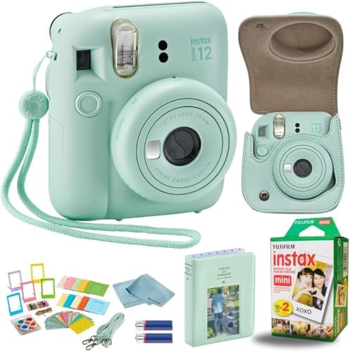 Fujifilm Instant Mini 12 Camera + Accessory Bundle & Custom Case + Fuji Instant (20 Shots) Designer Mini Photo Album (60 Pockets) (Mint Green) by FUJIFILM