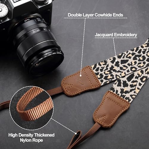 Padwa Lifestyle Camera Strap - 1.5" Crazy Horse Cowhide Head Cotton Strap,Vintage Embroidery Camera Straps for Photographers and All Cameras,Cute Adjustable Shoulder Neck Strap for Adults & Kids - Image 4