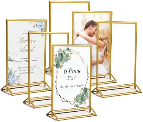 6 Pack Acrylic Sign Holder 5x7" Photo Frames, Double-sided Clear Menu Holder Gold Picture Frames for Wedding Table Numbers, Table Top Display Sign Stand Plastic Flyer Holder Vertical Paper Holder by Pansyling