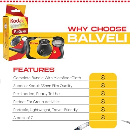 Kodak Funsaver Disposable Camera Bulk one time Single use 7-Pack 27exp 35mm Camera Bundled with Balveli Premium Microfiber Cloths - Bulk Kodak Disposable Film Camera 35mm - Image 6