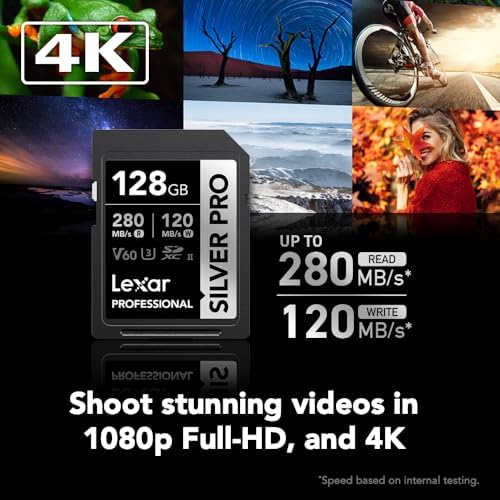 Lexar 128GB Silver PRO SD Memory Card, 280MB/s Read, 4K, V60, U3, UHS-II - Image 2