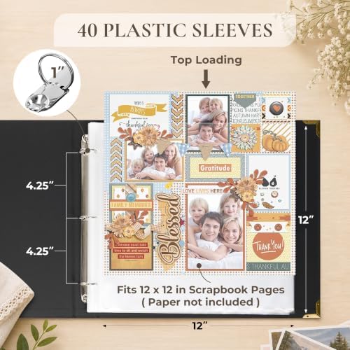 Vienrose Large 3 Ring Scrapbook Album 14.2 x 13 Inch, Textured Paper Cover DIY Photo Album with 20 Plastic Sleeves for Photos Baby Travel Wedding Anniversary Black - Image 3