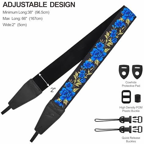 Padwa Lifestyle Blue Rose Camera Strap - 2" Full Grain Leather Ends Camera Straps for Photographers, Vintage Embroidered Cotton Soft Suede Fabric Padded Strap Quick Release fits All Cameras - Image 6
