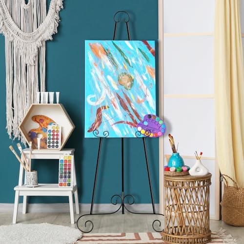 46" H Metal Round Tube Scroll Display Easel, Classic Black Decorative Large Adjustable Floor Standing Easel with Chain Support, Perfect for Showcasing Pictures, Artwork, Picture Frame Wedding Sign Etc - Image 2