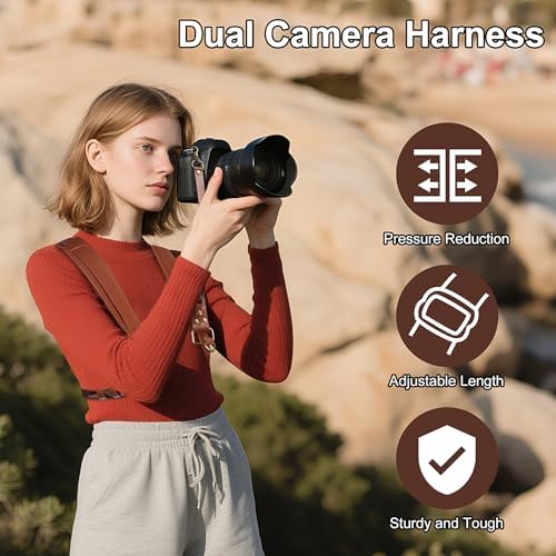 JUNART Camera Strap,Leather Dual Camera Harness with Shoulder Widening Stress Relief, for Two DSLR/SLR Cameras - Image 4