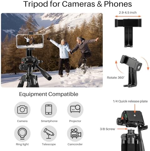 Fotopro 69'' Camera Tripod Lightweight Portable Travel Tripod for Camera and Phone with Detachable 3-Way Pan Head Phone Stand for Video Recording with Carry Bag and Cellphone Clip, Max Load 6.6lb - Image 5