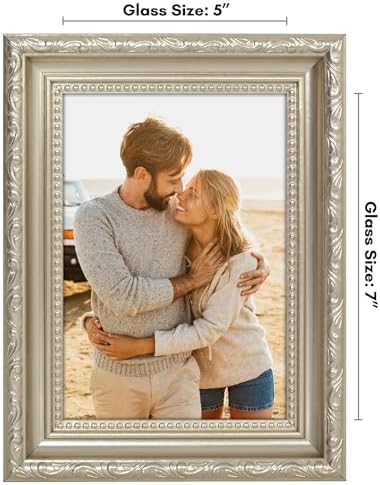 Americanflat 5x7 Picture Frame with Shatter-Resistant Glass - Vintage Frames with Easel - Ornate Picture Frames for Wall and Tabletop Display - Silver - Image 2
