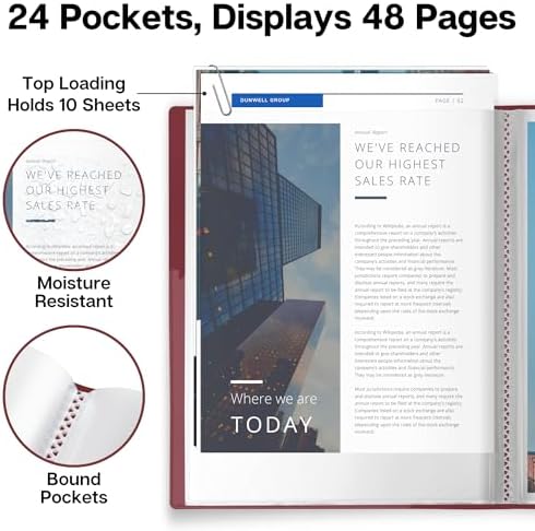 Dunwell Presentation Binder 24-Pocket, Displays 48 Pages, 8.5x11 Portfolio Binder with Plastic Sleeves, Storage and Organizer for Documents, Certificates, Projects, Photos (Ruby) - Image 3