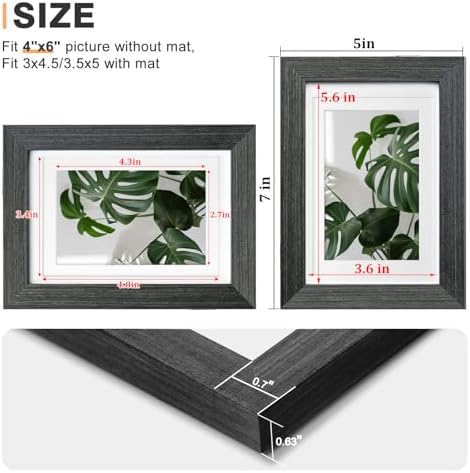 Egofine 4x6 Picture Frames Set of 4, Made of Solid Wood Covered by Plexiglass 3x4.5 and 3.5x5 with Mat or 4x6 without Mat, for Table Top Display and Wall Mounting Photo Frame, Rustic Black - Image 3