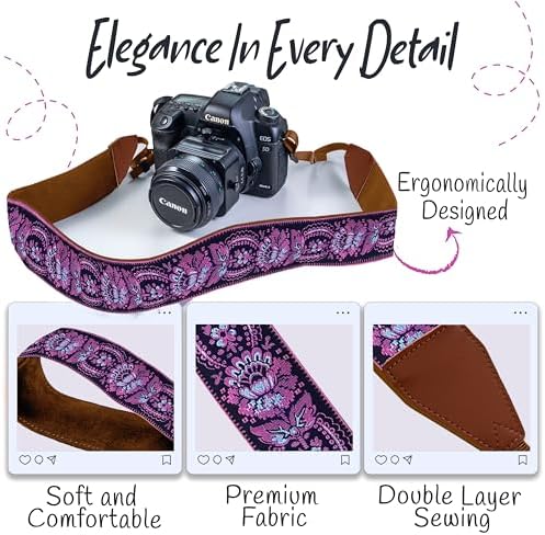 Art Tribute Camera Strap - Shoulder, Crossbody & Neck Camera Strap for Photographers, Fits All Cameras, Canon Nikon Sony Fujifilm, Padded Strap W/Quick Release, Embroidered Cotton & Leather Ends - Image 3