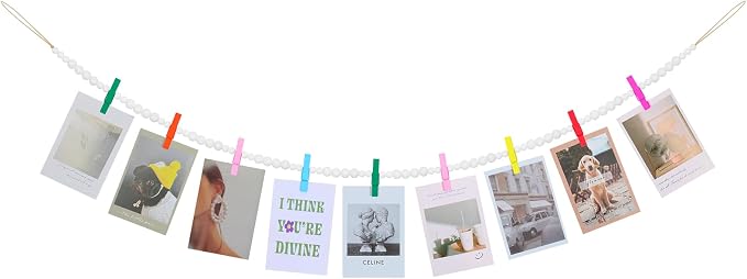 KLOGTSIND Hanging Photo Display, Boho Wood Bead Garland Wall Decor | Photo Banner with 9 Wooden Clips for Bedroom, Living Room, Office, Dorm Decor, Pictures Postcards Holder Teen Girl Gifts by KLOGTSINDDirect