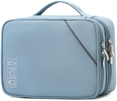 Lanola Custom Personalized Travel Cable Organizer Bag, Electronic Accessories Case Portable Double Layer Cable Storage Bag with DIY Dividers & Custom Photo Text - Light blue by Lanola