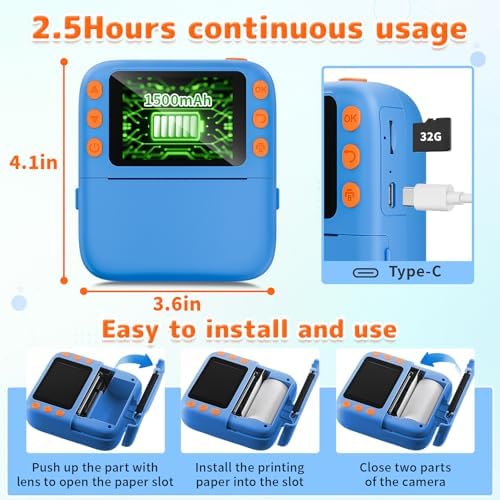 Instant Print Camera for Kids, Christmas Birthday Gifts for Girls Boys, 1080P Instant Digital Print Cameras for Toddler,Portable Toy for 4 5 6 7 8 9 10 Year Old Girl with 32GB SD Card，Blue - Image 6