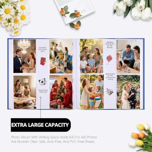 600 Pocket 4x6 Photo Album with Writing Space, Linen Cover, Blue - Image 3