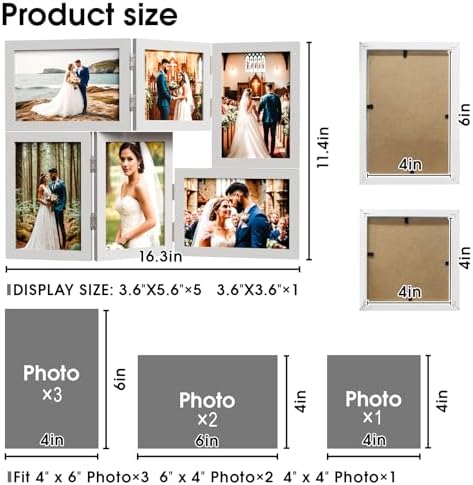 WARM&LOVE 6 Picture Frame, 4x6 & 4x4 Six Folding Hinged Photo Frames, Rustic Wood Desk Family Photo Collage Stand Vertical on Tabletop for Birthday Family Lover Gift (White) - Image 2