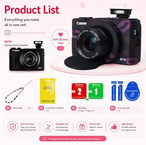 Cute Camera Case for Canon G7X Mark III,Silicone Protective Cover with Removable Lens Cap,Bracelet Wrist Strap & 2 Pack Tempered Glass Screen Protector for Women (Black Lips) - Image 3