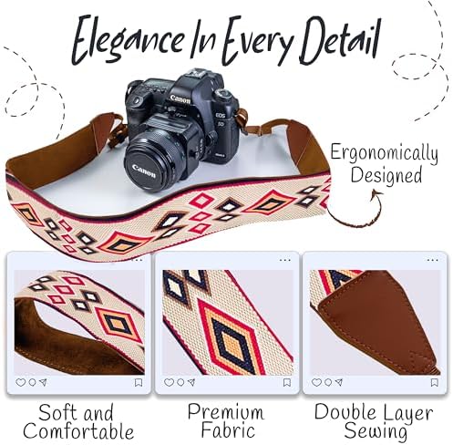 Art Tribute Camera Strap - Shoulder, Crossbody & Neck Camera Strap for Photographers, Fits All Cameras, Canon Nikon Sony Fujifilm, Padded Strap W/Quick Release, Embroidered Cotton & Leather Ends - Image 3