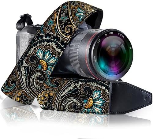 Art Tribute Camera Strap - Shoulder, Crossbody & Neck Camera Strap for Photographers, Fits All Cameras, Canon Nikon Sony Fujifilm, Padded Strap W/Quick Release, Embroidered Cotton & Leather Ends by ArtTribute