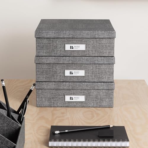 Bigso Oskar Canvas Fiberboard Document Letter Box for Important Paperwork A4 or Letter Size - Durable Keepsake Box with Lid and Metal Label Holder - 3.3in x 10.2in x 13.8in - Melange Grey - 3 Pack - Image 4