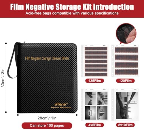 eTone Film Negative Storage Box, Black PU Leather, 13.18x7.08x1.96 Inch, 3-Ring Binder Album with Velvet Lining for 35mm 120 4x5 8x10 Negatives - Image 2