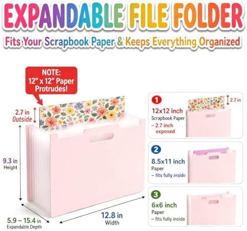 12x12 Scrapbook Paper Storage Organizer with 13 Expandable Pocket, Large Scrapbook Paper Storage for Craft Room Sticker Storage and Organization, Desktop Paper Holder (3 Pcs, Blue+Cream+Pink) - Image 6