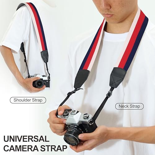 Padwa Lifestyle Stripes Camera Strap - 2" Wide Genuine Leather Ends Camera Straps for Photographers, Vintage Blue, Red, and white Stripes Nylon Strap with Camera Quick Release fits All Cameras - Image 4