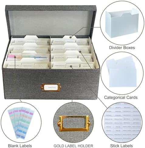Linen Photo Storage & Keepsakes Box with Dividers for Cards & Photos - Image 6