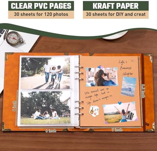 Vintage PU Leather Scrapbook Photo Album, 4x6 120 Photos Brown - Image 3