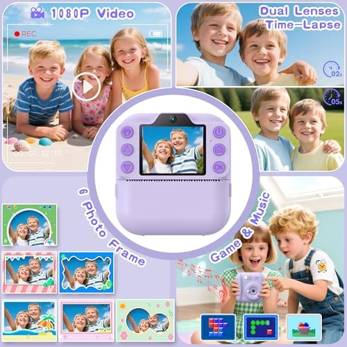 Kids Instant Camera with 64GB SD Card, Portable Digital Camera Toy for Girls and Boys Ages 3-12, Toddler Christmas and Birthday Gift for 3 4 5 6 7 8 9 10 Year Old Kids (Blue) (Purple) - Image 3