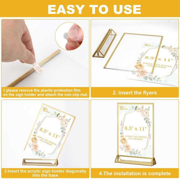 EHWINE 16 Pack Acrylic Sign Holder 8.5 x 11, Double Sided Gold Picture Frame Stand up Table Top Sign Holders, Clear Display Stand Menu Flyer Holder for Wedding Party (Provide Non-slip Mats) - Image 5