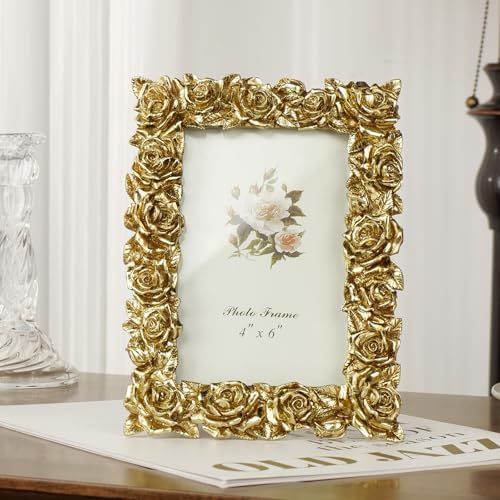 Cuspin 4x6 Picture Frame Gold Vintage Ornate Rose Flower Resin Frame - Image 2
