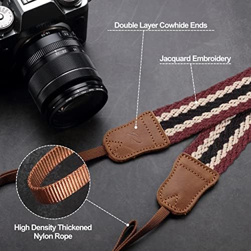 Padwa Lifestyle Stripes Camera Strap - 1.5" Crazy Horse Cowhide Head Soft Cotton Rope Weave Camera Straps for Photographers and All Cameras,Cute Adjustable Vintage Woven Strap for Adults & Kids - Image 2