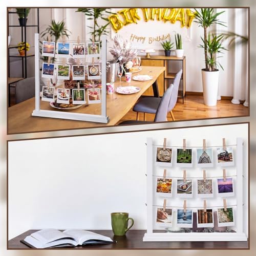 Cinnvoice Desk Photo Display Board with Clips Wooden Photo Holder for Table Picture Collage Board Tabletop White Collage Frame Picture Postcard Display Stand Classroom Wedding Anniversary Home Decor - Image 6