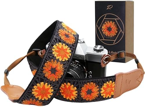 Padwa Lifestyle Hollow Crochet Orange Daisy Camera Strap - Double Layer Cowhide Ends,2" Cotton Vintage Camera Straps, Adjustable Neck Shoulder Strap for All DSLR Cameras,Great Gift for Photographers by PadwaLifestyleCameraStrap