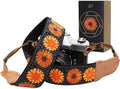 Padwa Lifestyle Hollow Crochet Orange Daisy Camera Strap - Double Layer Cowhide Ends,2" Cotton Vintage Camera Straps, Adjustable Neck Shoulder Strap for All DSLR Cameras,Great Gift for Photographers by PadwaLifestyleCameraStrap