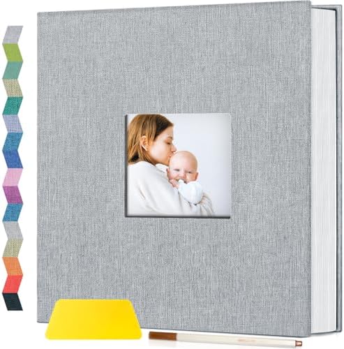 Popotop Photo Album Self Adhesive with Picture Display Window,60 Pages DIY Scrapbooking Supplies Kit for 4x6 10x12 Picture,Linen Cover Memory Book for Baby Wedding, with Scraper and Metallic Pen by Popotop