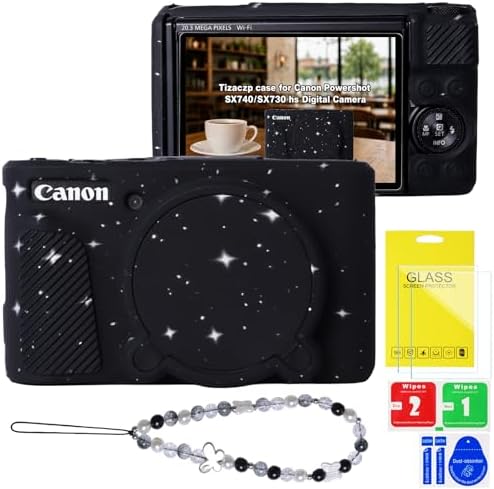 Cute Camera Case for Canon PowerShot SX740 HS/SX730 HS,Silicone Protective Cover with Removable Lens Cap,Wrist Strap & 2 Pack Tempered Glass Screen Protector for Women (Black Star) by Tizaczp