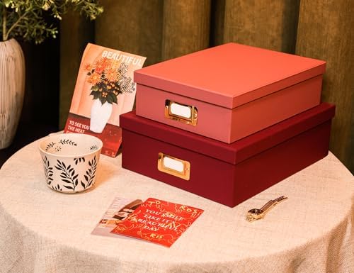 2-Piece Decorative Storage Boxes with Lids with Gold Label Holders, Two-tone Red Design, Stackable Cardboard Document Storage Boxes for Office, Home, Photos, Files and Keepsake Box - Image 2