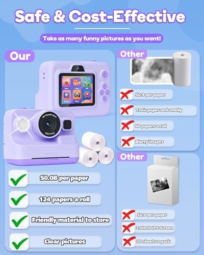 Instant Print Camera for Kids,2.4 Inch Screen Kids Instant Cameras, Christmas Birthday Gifts for Girls Age 3-12, Portable Toddler Toy for 3 4 5 6 7 8 9 10 Year Old Girls Boys Purple - Image 6