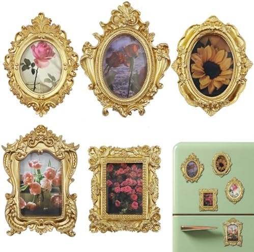 Mini Gold Magnetic Picture Frames for Refrigerator, 5 Small Vintage Photo Frames with Soft Magnet Backing, Victorian Style Decor for Kitchen Office Home by Unknown