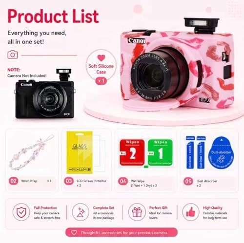 Cute Camera Case for Canon G7X Mark III,Silicone Protective Cover with Removable Lens Cap,Bracelet Wrist Strap & 2 Pack Tempered Glass Screen Protector for Women (Pink Lips) - Image 3