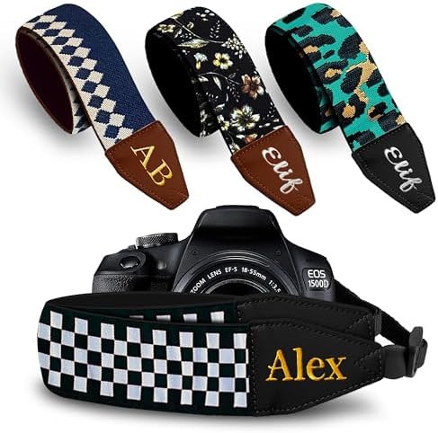 Art Tribute Custom Black White Checkers Camera Strap - Add Your Text and We Make It Especially For You Get Your Own Personalized Stocking Stuffer & Christmas Gift Camera Strap, No Shipping Cost! by ArtTribute